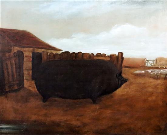 19th century English Primitive School Prize pig in a farmyard 19 x 23in.